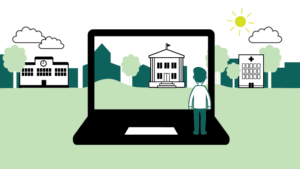 Piirros, jossa ihmishahmo seisoo kannettavan tietokoneen päällä katse näytön suuntaan. Läpinäkyvän näytön takana on maisema, jossa näkyy puita ja rakennuksia.