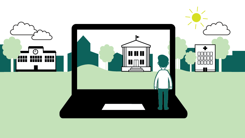 Piirros, jossa ihmishahmo seisoo kannettavan tietokoneen päällä katse näytön suuntaan. Läpinäkyvän näytön takana on maisema, jossa näkyy puita ja rakennuksia.