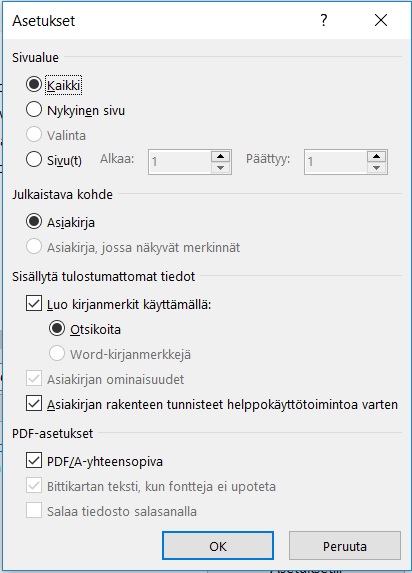 Valitse päälle Luo kirjanmerkit käyttämällä Otsikoita, Asiakirjan rakenteen tunnisteet helppokäyttötoimintoa varten ja PDF/A-yhteensopiva.