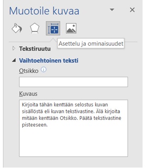 Muotoile kuvaa -valikossa kuvan vaihtoehtoinen teksti kirjoitetaan kohtaan Kuvaus. Kohta Otsikko jätetään tyhjäksi. Tekstivastine päätetään pisteeseen.