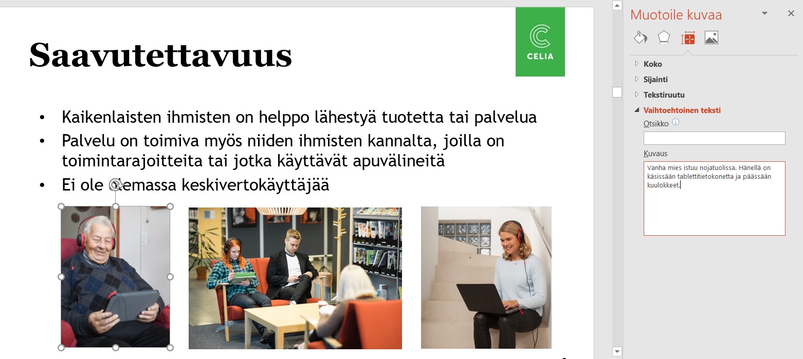 Kuvakaappaus PowerPoint-ohjelmasta ja vaihtoehtoisen tekstin lisäämisestä.