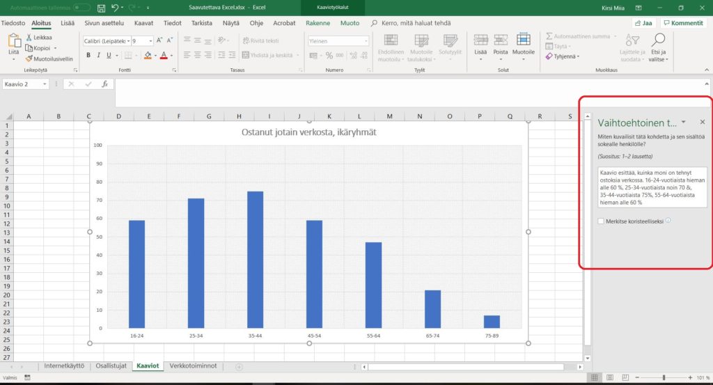 Ruutukaappaus Excelin vaihtoehtoinen kuvaus -toiminnosta.