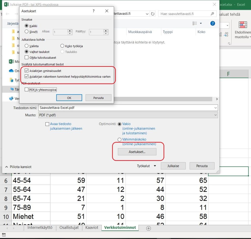 Ruutukaappaus Excel-ohjelman pdf-tallennuksesta.