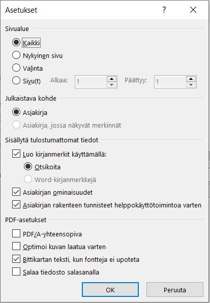 Ruutukaappaus Wordin pdf-tallennuksen asetuksista.