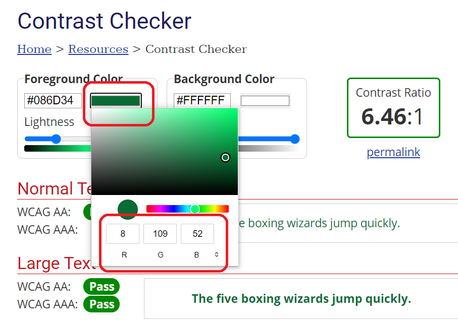 Ruutukaappaus WebAIM Color Contrast Checker -työkalusta.