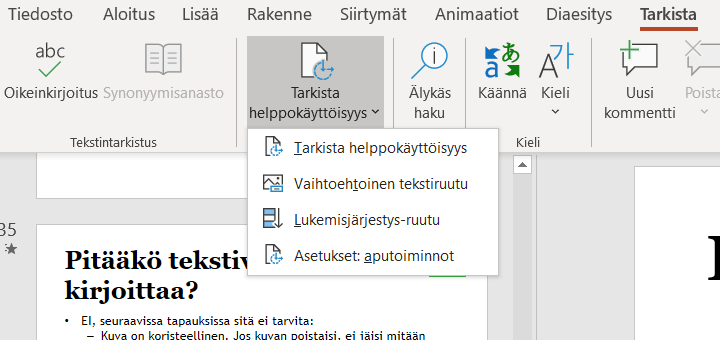 Ruutukaappaus PowerPoint-ohjelman näkymästä Tarkista helppokäyttöisyys.