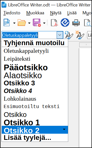 Kappaletyyli-valikossa on oletuksena Oletuskappaletyyli. Vetovalikosta voi valita sopivan tyylin.