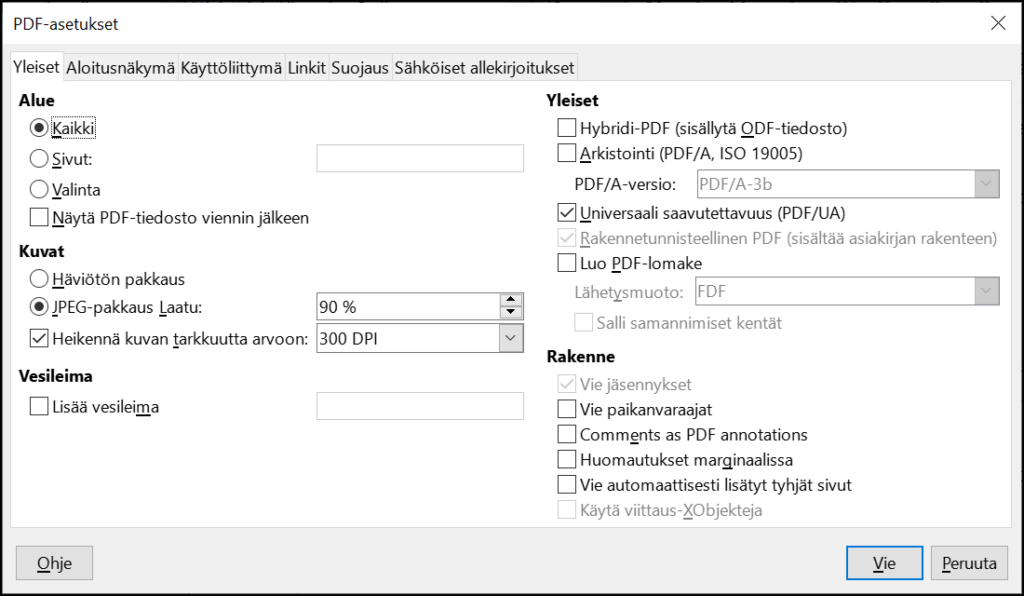 PDF-asetukset-ikkunan Yleiset-välilehdellä on valittu Universaali saavutettavuus (PDF/UA).