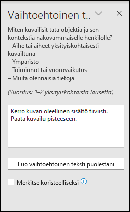 Ruutukaappaus PowerPointin Vaihtoehtoinen teksti -kentästä.