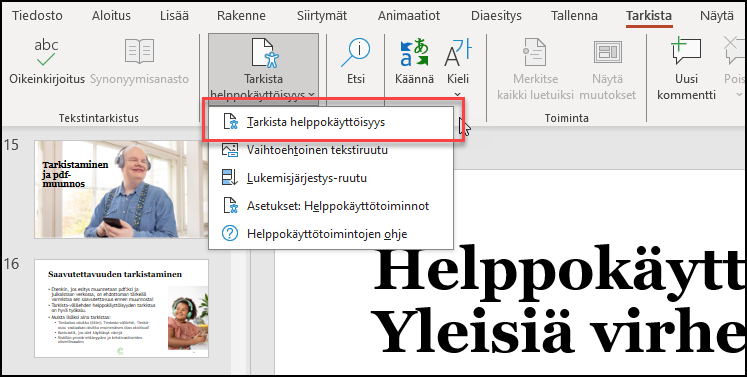 Ruutukaappaus PowerPointin Tarkista-valikosta.