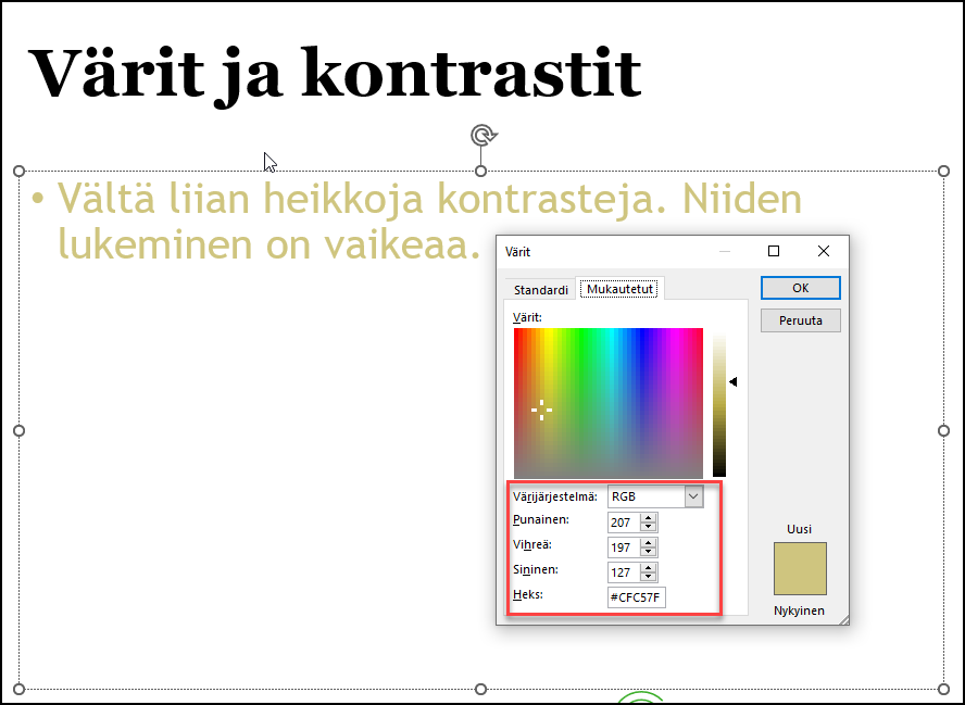 Ruutukaappaus PowerPointin Värit-valintaikkunasta.