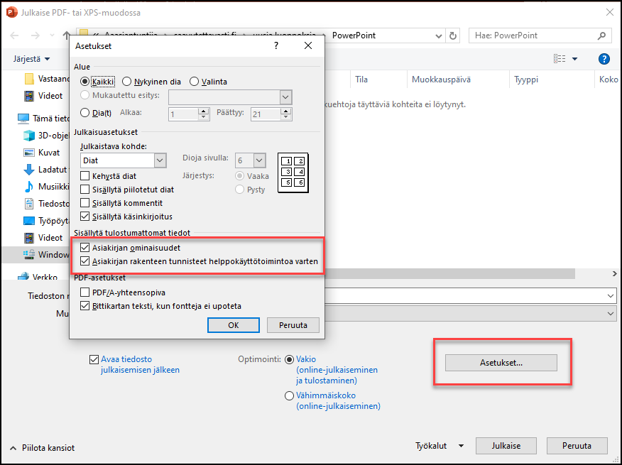 Ruutukaappaus PowerPointin pdf-vientiasetuksista.