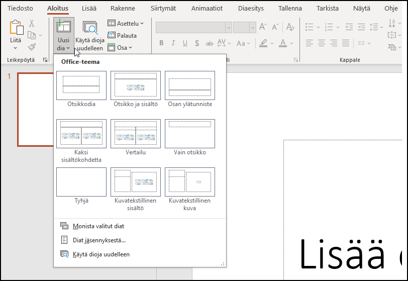 Ruutukaappaus PowerPointin uuden dian valintanäkymästä.