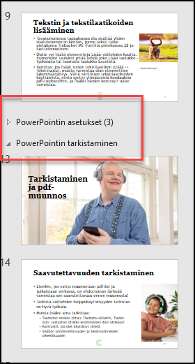 Ruutukaappaus PowerPointin valikosta, jossa näkyy kaksi osaa.