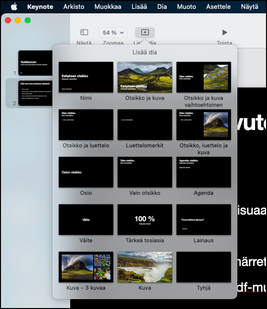 Ruutukaappauskuva Keynoten Lisää dia -valikosta.
