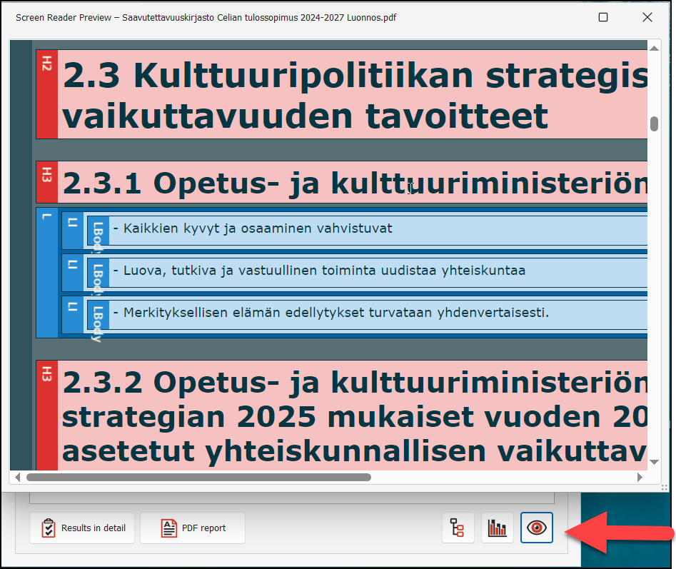 PAC 2024 -ohjelman Screnn reader -näkymä, jossa on pdf-tiedoston rakenteiden koodimerkinnät näkyvät.